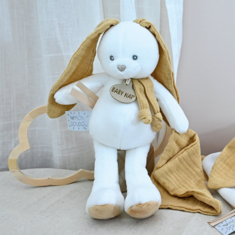  - lapin lange - peluche avec blanc beige moutarde 25 cm 